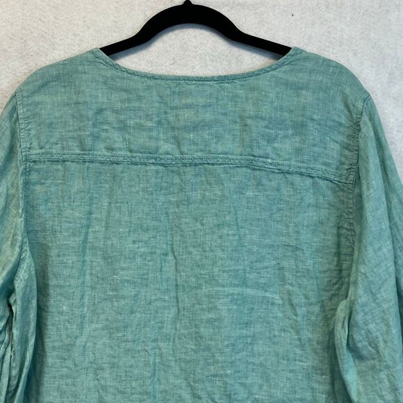 TAHARI Women’s Linen Button Front Tunic Top 2X Teal Green Long Sleeve Blouse - Picture 11 of 13